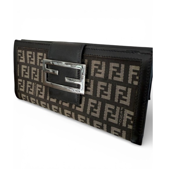 Fendi Handbags - Fendi Zucca Canvas Leather Snap Wallet Brown Black FF Logo Long Wallet